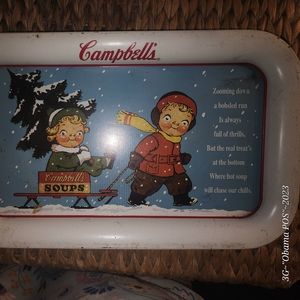 Vintage Campbell's Soup Kids White Tin Tray "Sledding Winter Scene" 1993
